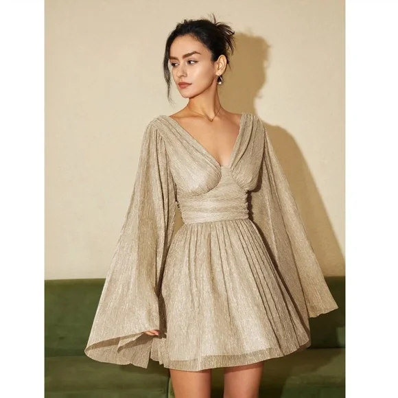 Champagne Beige Mini Dress Flared Bell Long Sleeve Fitted Waist - Picture 6 of 12